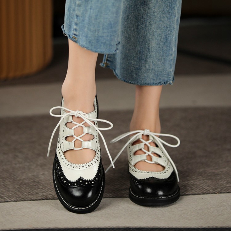 Split Oxford leather for Spring/Autumn Loafers Summer Brogues Vintage Lace-up Shoes Women Pumps d979