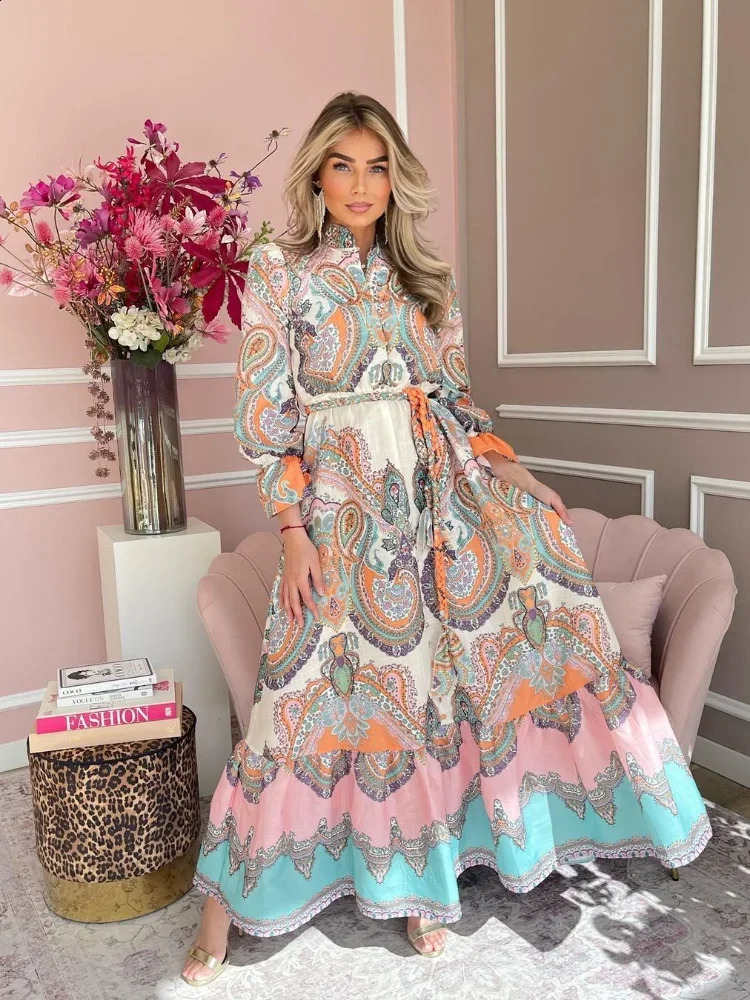 Elegant Print Buttons Patchwork Maxi Dress For Women Long Sleeves Lace Up Loose Robes 2024 Summer Chic High Street Vestidos240730