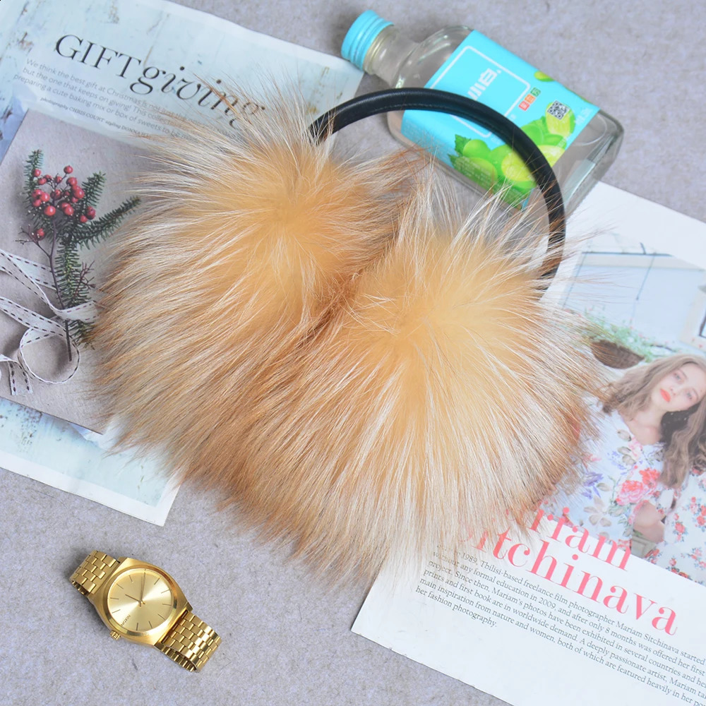 Real Fox Raccoon Fur Hang Ear Cover Warm Winter Earmuffs Headwear Ear Muffs Earmuffs Cold Ear Warmer Ear Protection Headband 240723