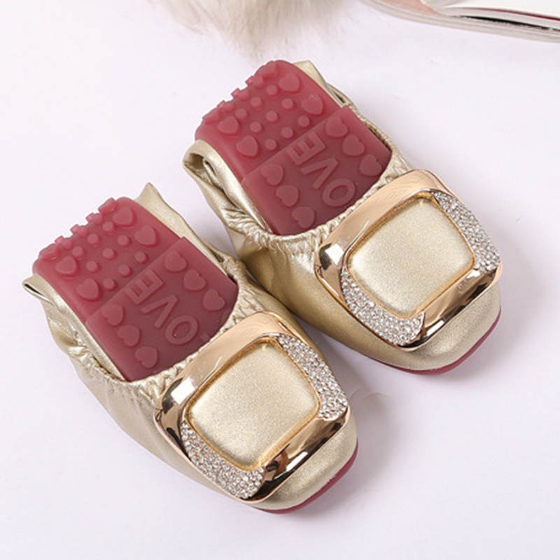 Roll-Up Flats Crystal Square Metal Buckle Foldable Ballet Flats Women Shoes Ballerina Cozy Soft Bottom Moccasins Plus Size 35-41