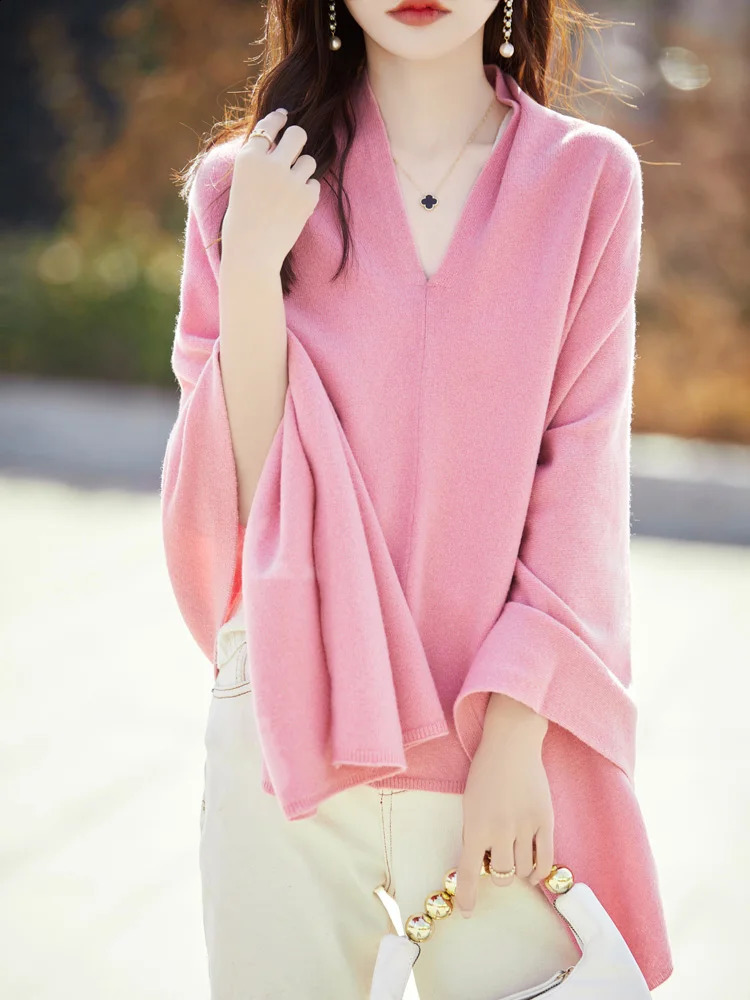 Spring 100% Merino Wool Pullover For Women Soft Solid Cashmere Knitwear Shawl Scarf Female Korean Sweater Grace Tops 240730