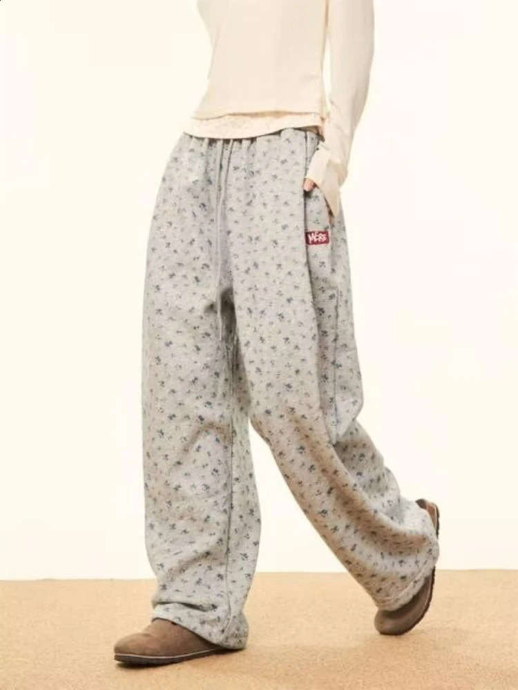 Pants Women Slouchy Floral Korean Style Vintage Spring Autumn Baggy High Street All-match Fashion Trousers Leisure Daily College 240730