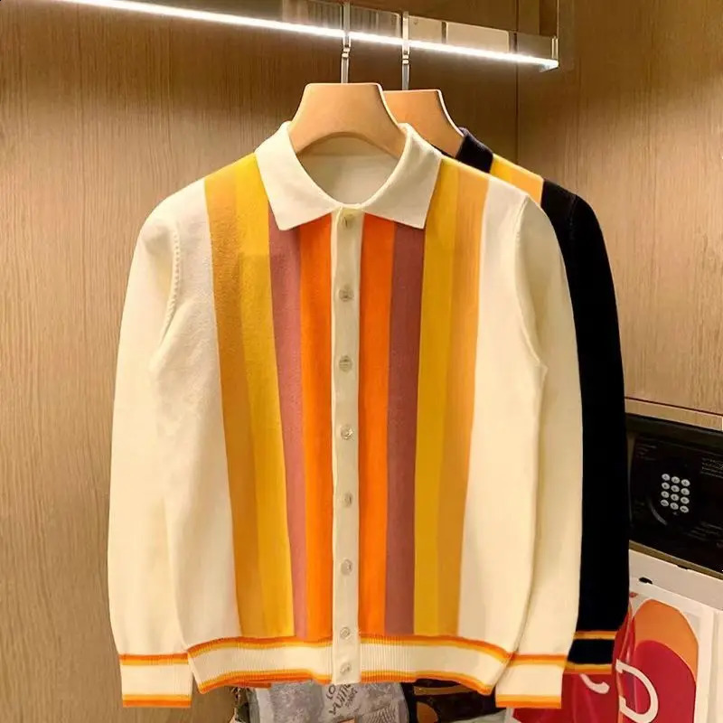 British style mens knitted cardigan with vertical stripes long sleeves and buttons top spring autumn slim fit collar thin sweater 240809