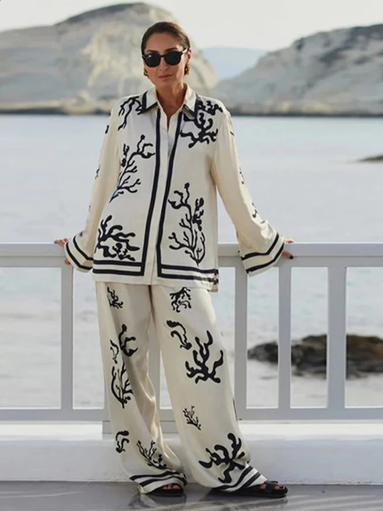 Printed pants set for women casual loose fashionable lapel long sleeved shirt 2024 elegant retro street 2piece 240729