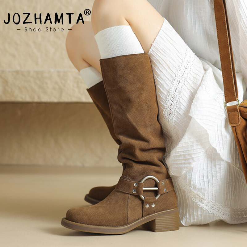 JOZHAMTA Size 34-40 Popular Western Women Knee-High Cow Suede Leather High Shoes Woman Office New Lady Autumn Winter Boots