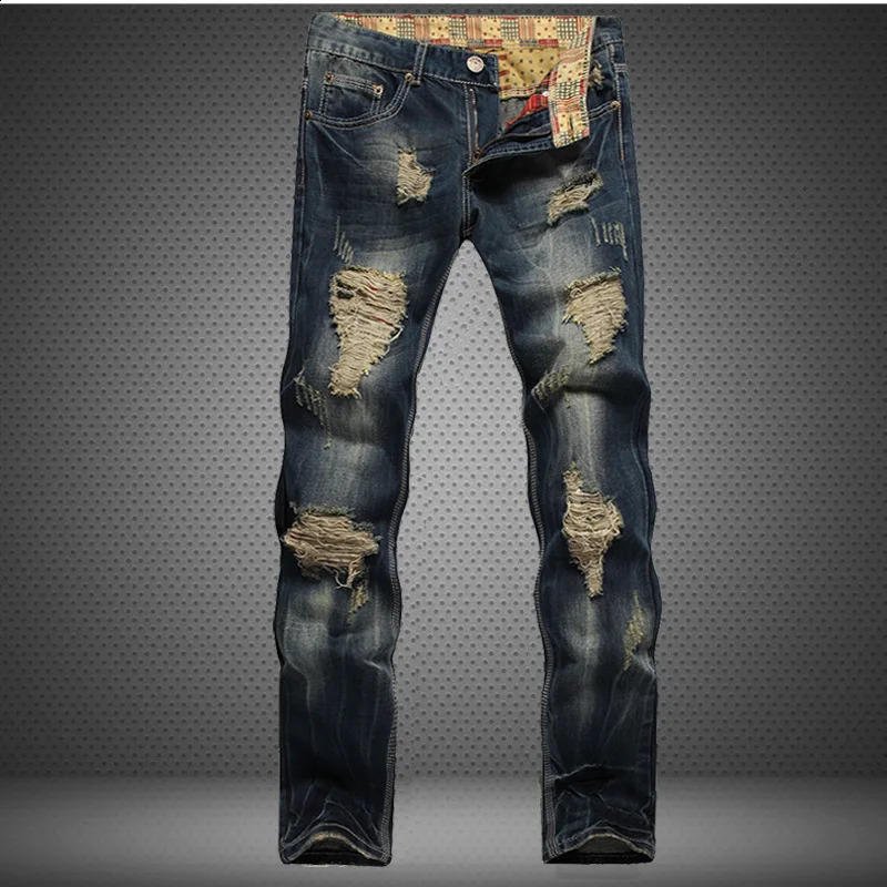 mens torn denim Trouser fashionable casual jeans straight highquality pencil pants retro dark blue slippers 240816