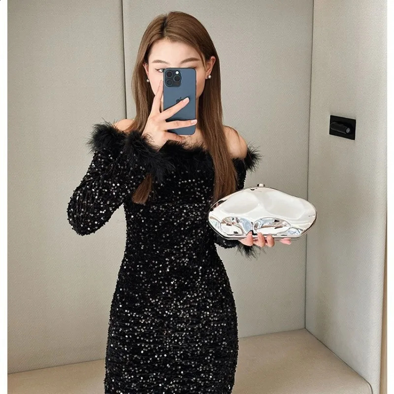Acrylic Shell Shape Clutch Bag Women Evening Party Cute Metal Shiny Purse Gold Silver Blue Egg Handbag Quality Messenger Bag R250317