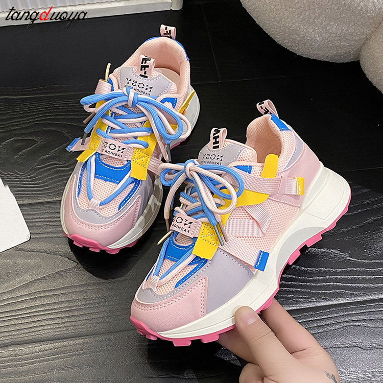 orange Platform Sneakers Women 2023 Spring Breathable Thick Soled Sport Shoes Woman Hip Hop Non Slip Lace Up Casual Shoes pink