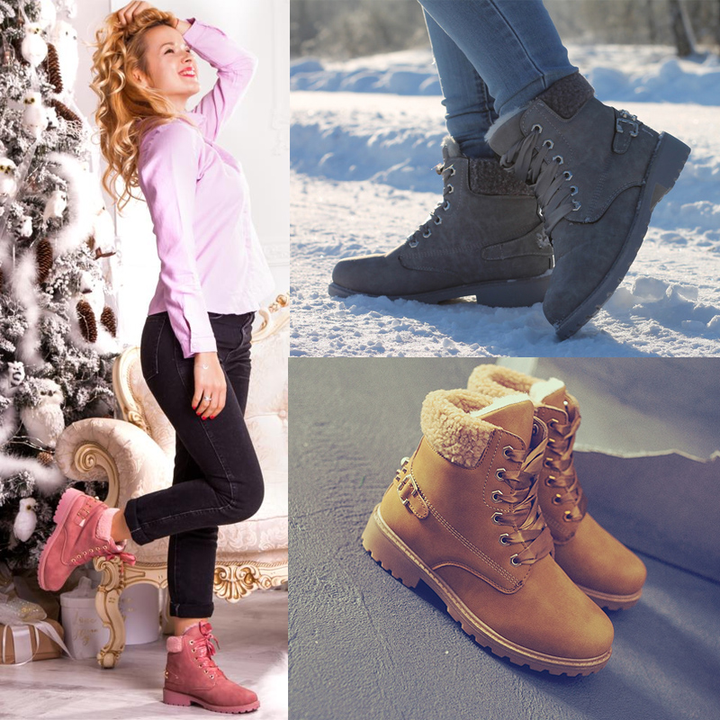 Fujin Winter Snow Boots Ankle Women Winter Boots Platform Pink Women Boots Lace Up Casual Ankle Boots Booties Round Women Shoes