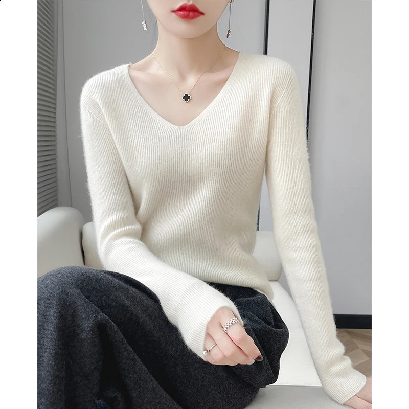 100% pure wool slim quality autumn and winter ladies Vneck sweater womens knitted pullover fashion solid color warm top 240730
