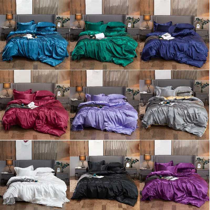 Satin Bedding Set with Duvet Cover Bed Sheet Pillowcase Luxury Bedsheet Solid Color Double Single King Queen Full Twin Size Y240730