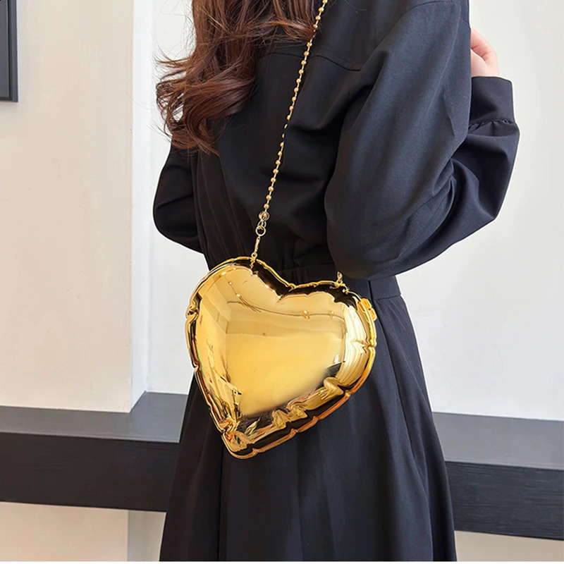 Heart Cute Shiny Gold Love Shape Shoulder Bags For Women Metal Material Fashion Crossbody Messenger Bag Party Purse 240730 afa6 4