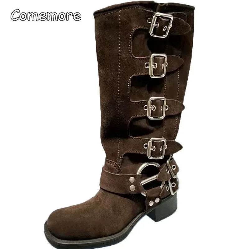 Comemore Chunky Heel Buckle Vintage Fashion Motorcycle Knee High Mid Calf Boots Shoes Leather New Platform Biker Boots for Women