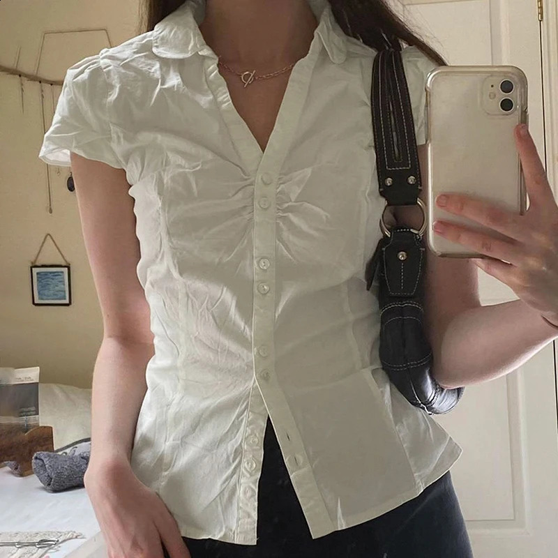 CIBBAR Vintage Folds Crop Top White Button Up Short Sleeve Blouse Women Bandage Korean Fashion T-shirt Casual Streetwear y2k Tee 240730