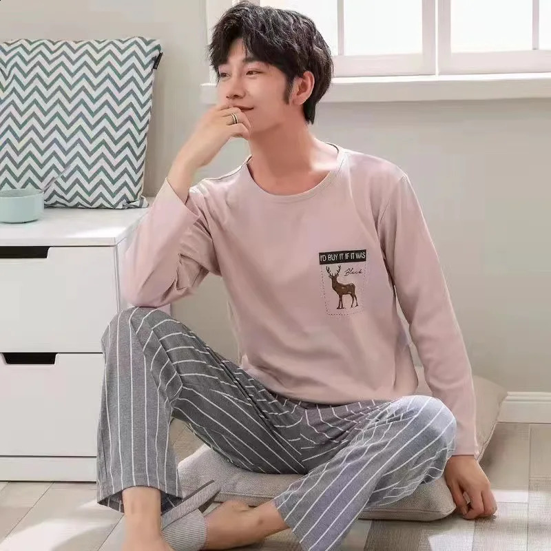 Mens Pajamas Two-Piece Mens Long-Sleeved Pyjamas Spring And Autumn Thin Section Of The Large Size Leisure Home Wear Suit 240819