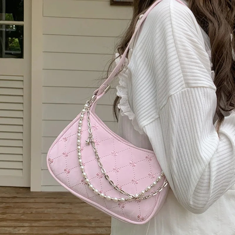 1 Piece Chic France Shoulder for Girl Sweet Fashion Bowknot Style Baguette Elegant Student Phone Lipstick Bag 240730 d443