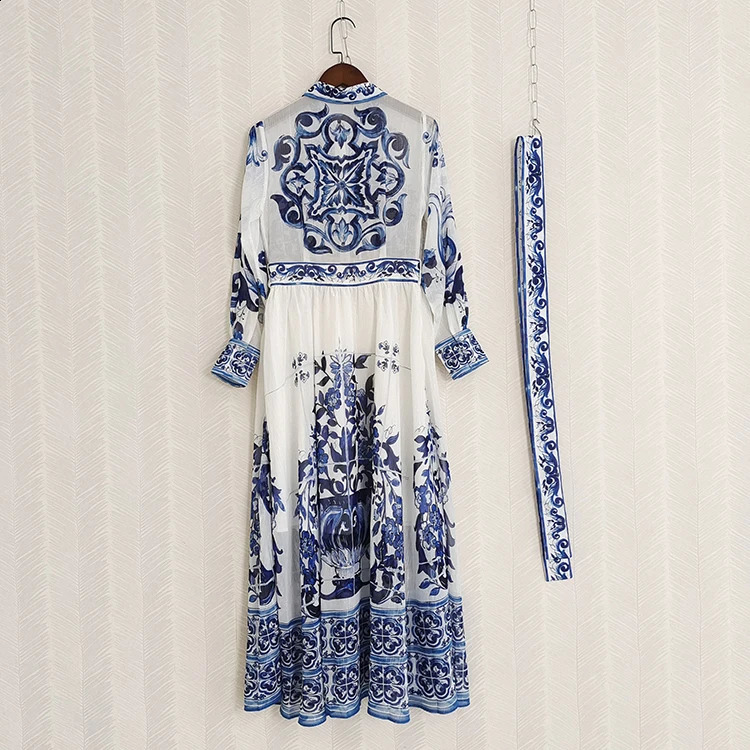 JAMERARY Runway floral print Beaded Crystal Long Sleeve Maxi Shirt Dress Women Blue White Porcelain Faux Silk Chiffon Vestidos240730