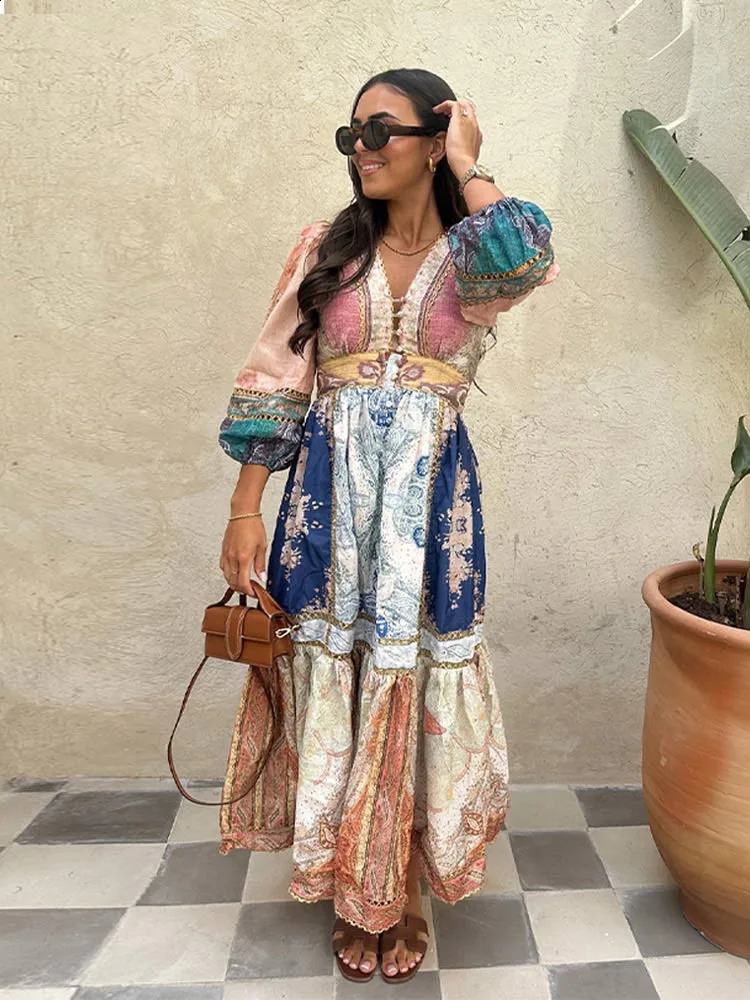 Elegant Print Buttons Patchwork Maxi Dress For Women Long Sleeves Lace Up Loose Robes 2024 Summer Chic High Street Vestidos240730