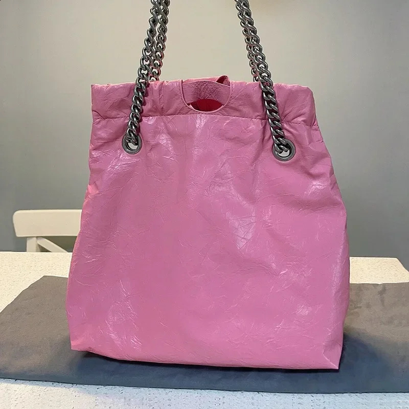 23 Crush Garbage Bags Large Capacity Foldable Tote Handle Single Shoulder Crossbody Chain Bag Made Top Layer Cowhide 240730