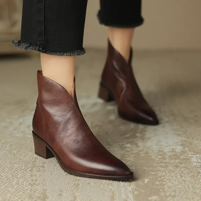 Women Pointy Brown Ankle Boots High Heels Shoes Woman Vintage Chelsea Boots Autumn PU Leather Femme Mid-heel Stubby Ankle Boots