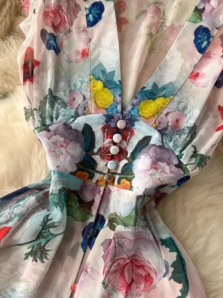 Summer Holiday Gorgeous Floral Dress Womens Sleeveless Ruffles V Neck Flower Print Buttons Chiffon Bohemain Robe Vestidos240730