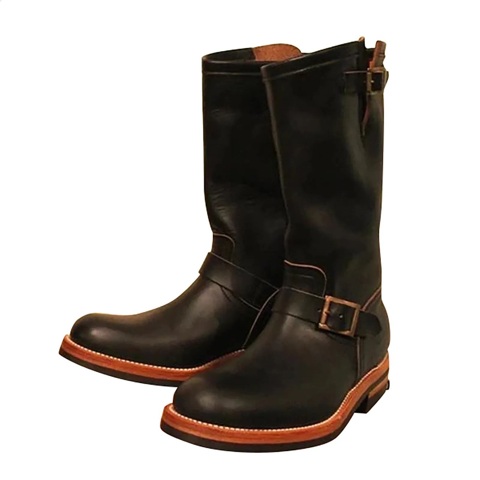 MenS Leather Boots MenS Leather Round Middle Top Cowhide Cowboy Boots Flat Bottomed Boots MenS Retro Trendy Leather Boots 240724