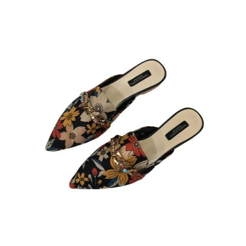 Women's ral Embroidered Metal Chain Mules Slippers Flats Low Heels Slides Summer Shoes Black 2024 4 4fe27