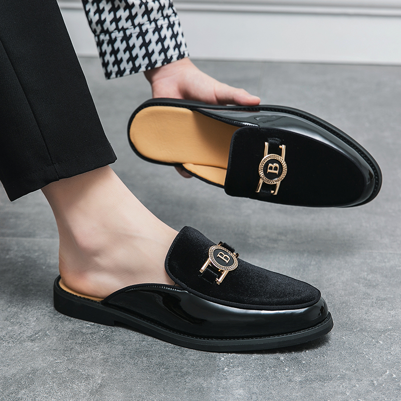 Designer Brand Leather Black Mens Lazy Half For Men Slides Mules Casual Shoes Fashion Sandals Loafers Slippers 2024