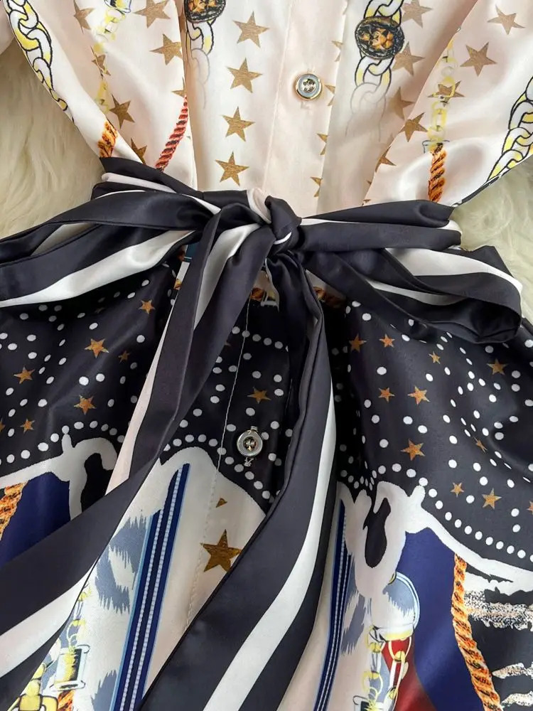 Summer Vintage Short Sleeve Lapel Shirt Dress Womens Star Chain Horse Printed Single Breasted Sashes Lace Up Midi Vestidos240730