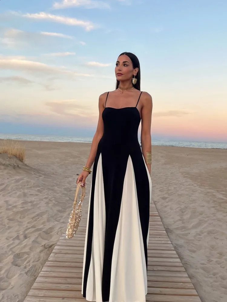 Elegant Black White Contrasting Women Sling Dress Fashion Backless Sleeveless High Waist Maxi Dresses Female Party Aline Robes 240826