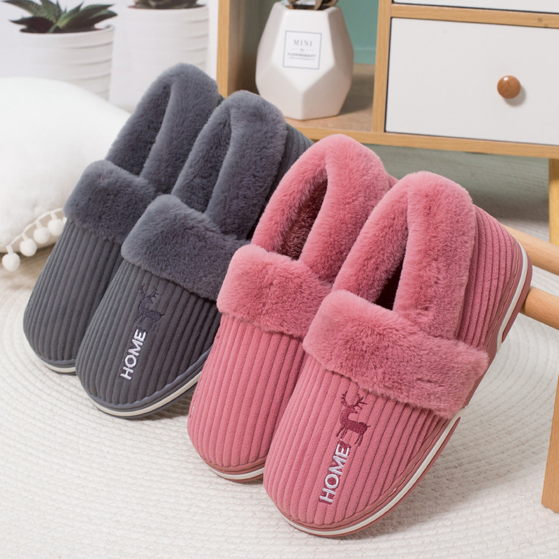 Unisex Corduroy House Slippers, Winter Cotton Home Shoes, Indoor Outdoor Warm Flats