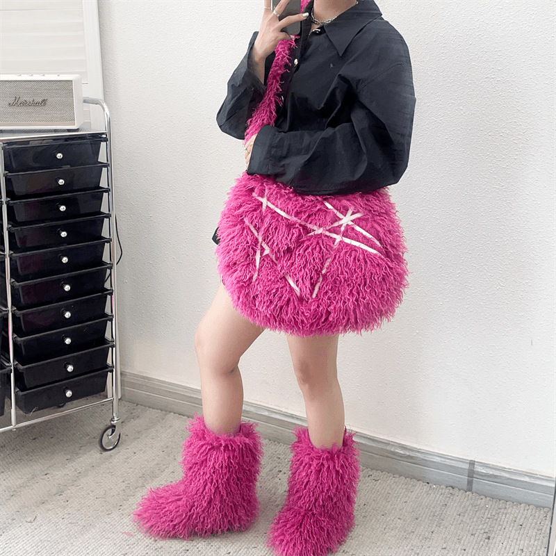 children Warm Women Shoes Female Plush Faux Fur Snow Bag Set Winter Mid-Calf High Boots Large size 2cd4