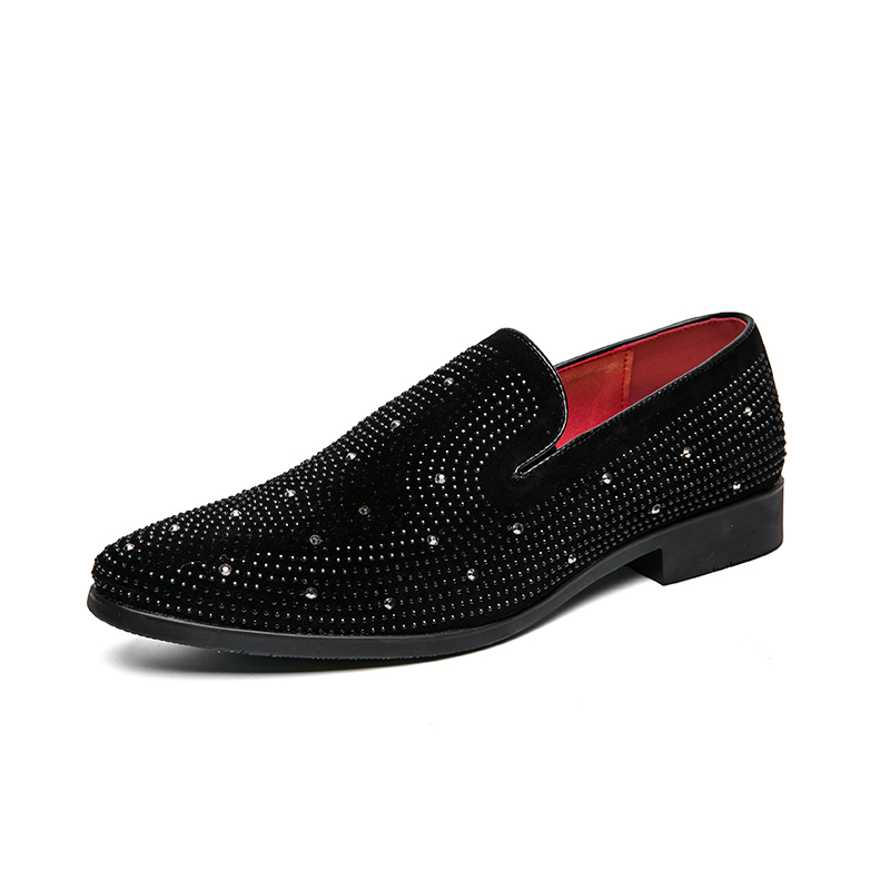 Brand Noble Black Rhinestone Men Dress Shoes Velvet Crystal Luxury Moccasins Men's Loafers Office Business Man Footwear Zapatos