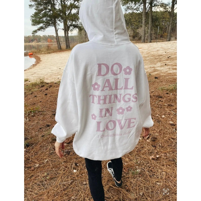Women's oversized plush with lettering slogan kangaroo pocket drawstring printed hoodie F7.30#45