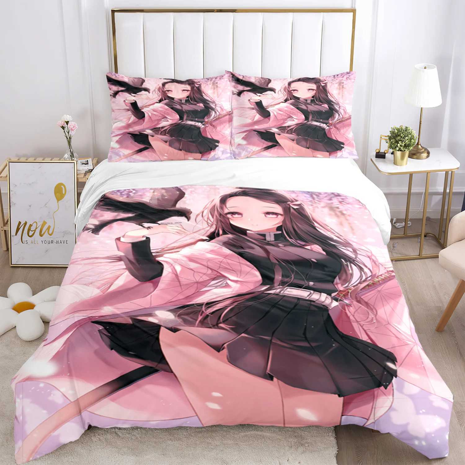 Anime Demon Slayer Print Bedding Set 2/3pieces Nezuko Bed Linen Queen Double Single King Size Duvet Cover Set Kids Adults Gift Y240730