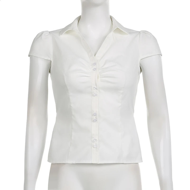 CIBBAR Vintage Folds Crop Top White Button Up Short Sleeve Blouse Women Bandage Korean Fashion T-shirt Casual Streetwear y2k Tee 240730