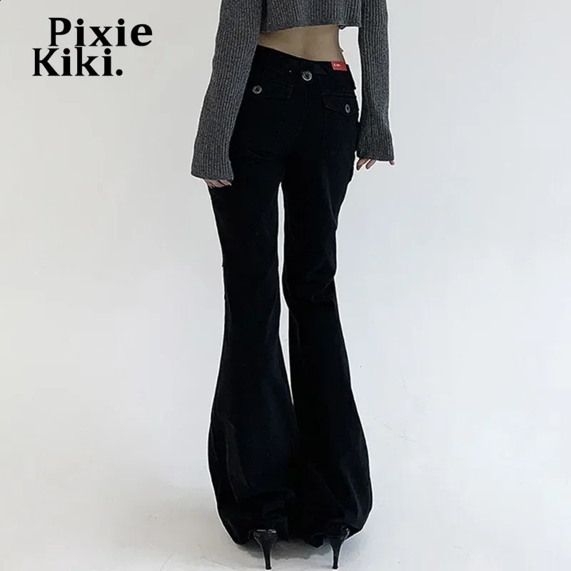 PixieKiki Low Rise Flare Jeans Women Grunge Y2k Cargo Pants 90s Vintage Clothes Black Brown Denim Trousers Streetwear P67-FZ30 240806