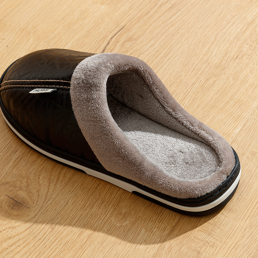 Men's Slippers Winter Big Size Indoor Waterproof PU Leather Large Sizes Home Cotton Shoes Fur Flat Cotton Bedroom Houseshoes 05C