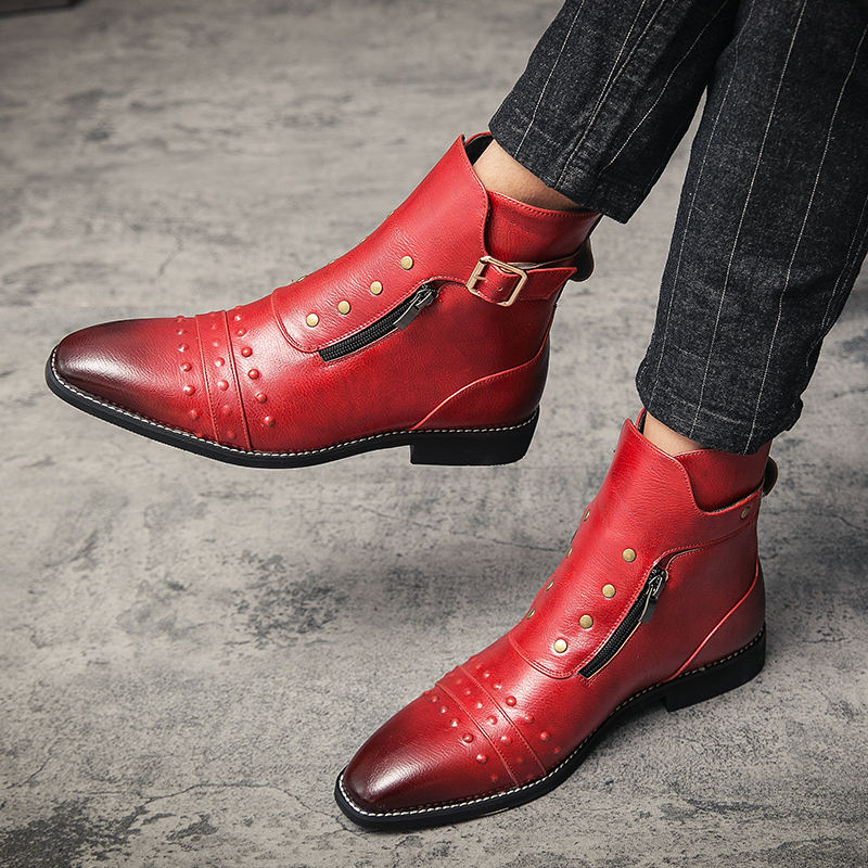 British Style Luxury Men Dress Boot Oxfords Shoes Autumn Designer Motorcycle Boot for Male Red Brown Leather Cowboys Boots Men