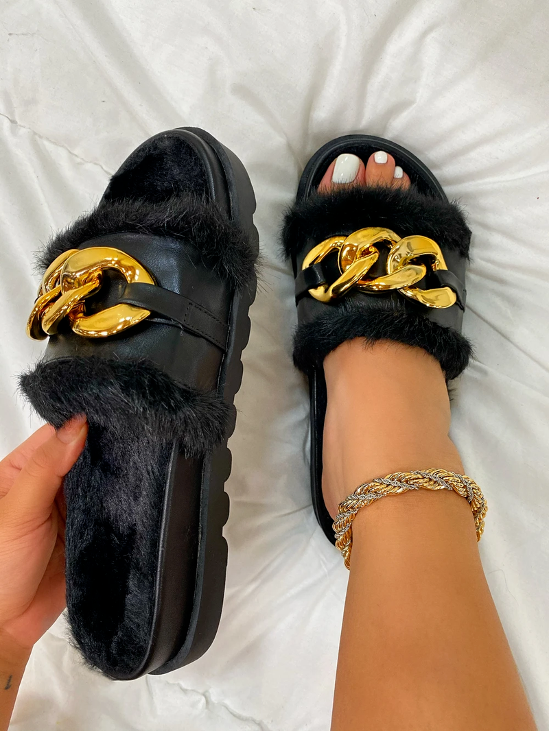 2021 Winter Plush Slippers Fashion Open Toe Solid Color Women's Sandals Metal Chain Outdoor Casual Women's Shoes Fashion Shoes