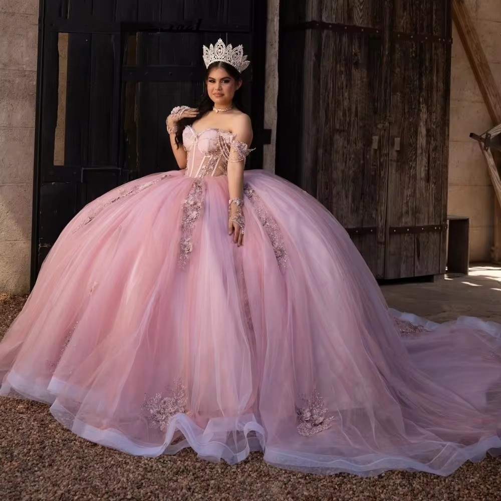 Pink Sparkly Quinceanera Dress Ball Gown D Ral Applique Beading Crystal Mexican Sweet Vestidos De Anos