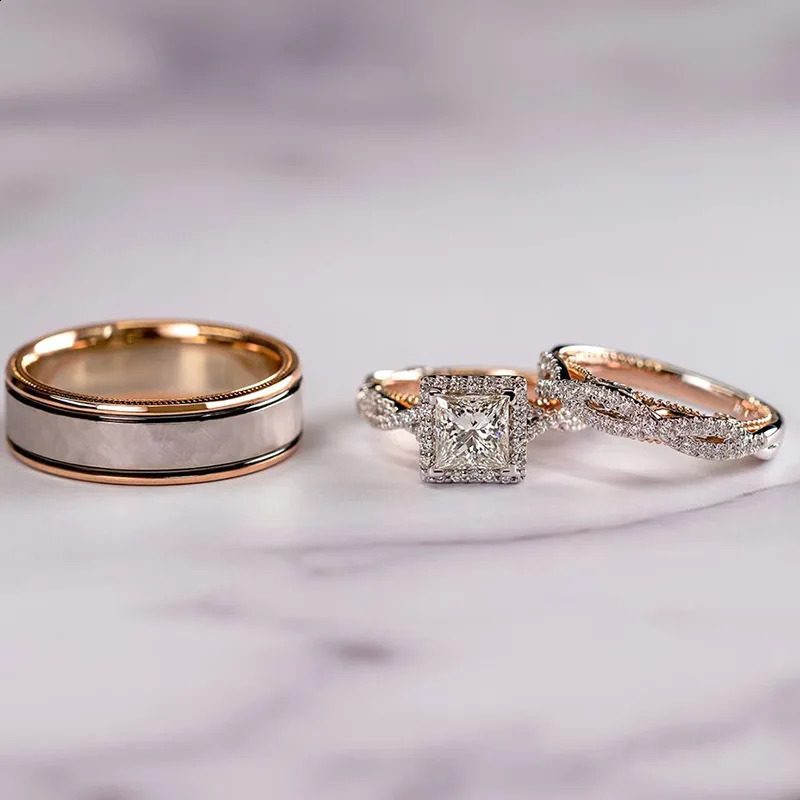 18K Rose Gold Couple Lab Diamond Ring Sets Party Wedding Band Rings For Women Men Promise Engagement Jewelry 24
