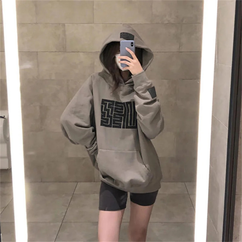 Letter Print Hoodies Women Vintage Winter Autumn Loose Hooded Shirt Grunge Street Sweatshirt Y2k Clothes Warm Oversize Pullovers 240813