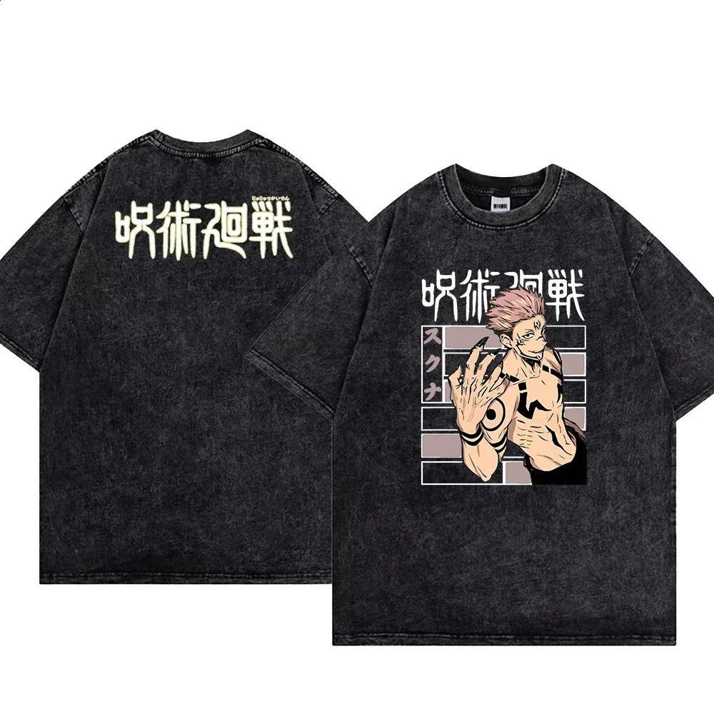 Anime T-shirt Jujutsu Kaisen Mens Washed T-shirt 100% Cotton Breathable Casual Print T-shirt Tee Hip Hop streetwear y2k 240729