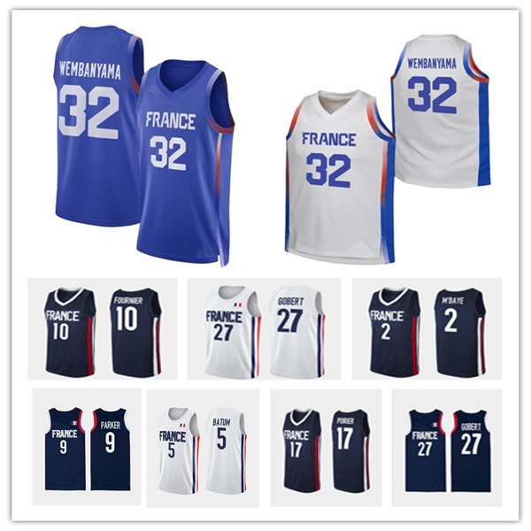 Printed 2024 France Jeux Olympique Basketball Jersey 32 Victor Wembanyama 5 BATUM 27 RUDY GOBERT 1 FRANK NTILIKINA 10 Evan Fournier 26 Mathias Lessort Yabusele