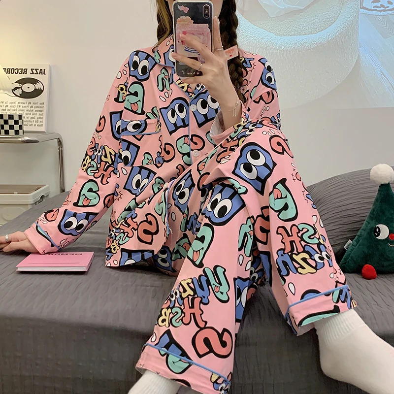 Korean Fashion Cartoon Print Womens Pajama Sets Classic Solid Casual Female Sleepwear Spring Autumn Y2k Home Lounge 240730
