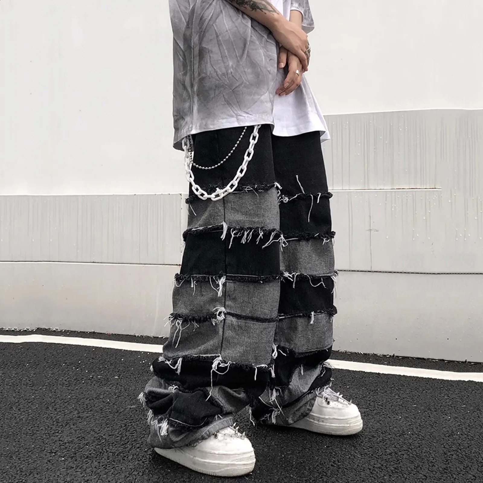 Tassel jeans mens patch wide legs lazy style hiphop loose denim pants pocket tear Distressed Stacked Y2K Grunge 240808