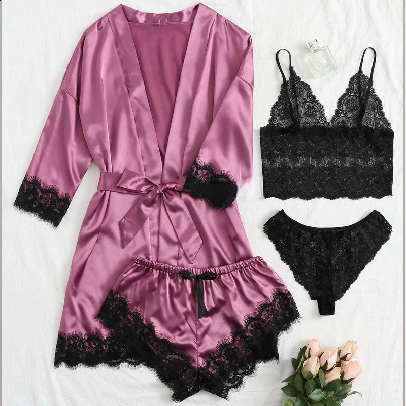 Woman Sleepwear 4pcs Floral Lace Trim Satin Pajamas Set with Robe Sexy Faux Silk Pijamas Robe Sets Casual Home Clothes Nightwear 240730
