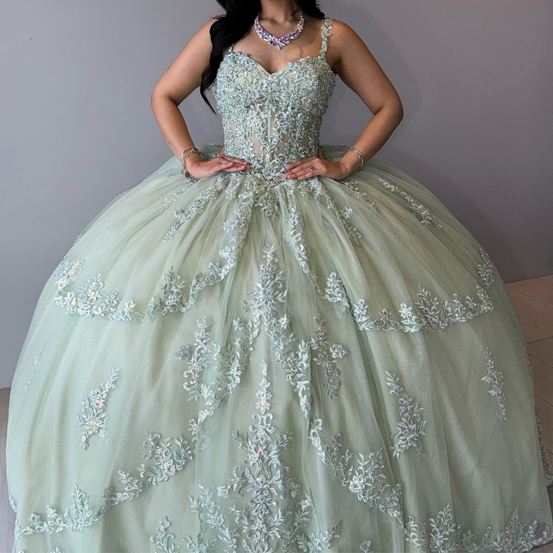 Sage Green Princess Sweetheart Shiny Quinceanera Dress Party Gown Lace Appliques Beads Crystal Off The Shoulder For 16 Year