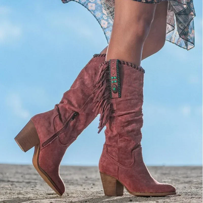 Women's Vintage Tassel Knee High Boots Autumn Faux Suede Square Heels Western Boots Women Pointed Toe Short Booties Plus Size 43
